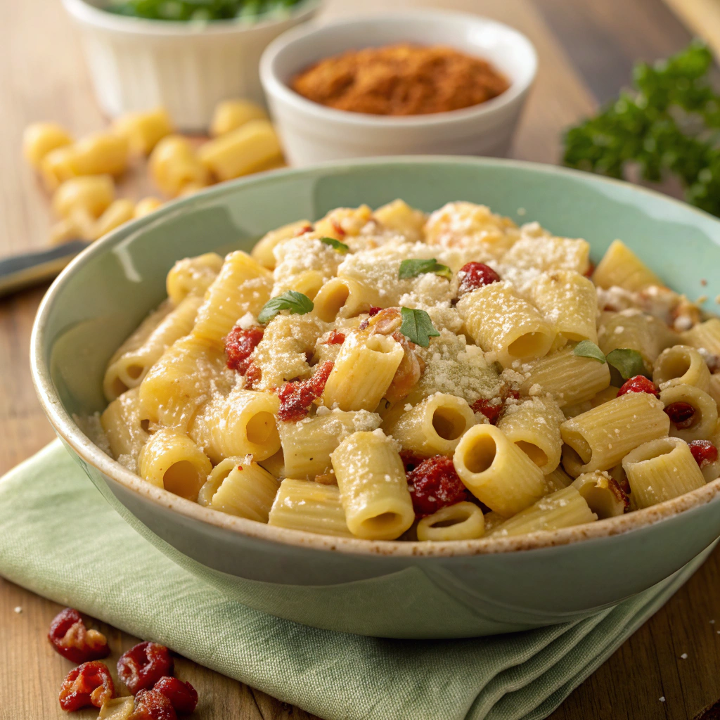 Creamy ditalini pasta with chili crisp and cheese, served in a green bowl.