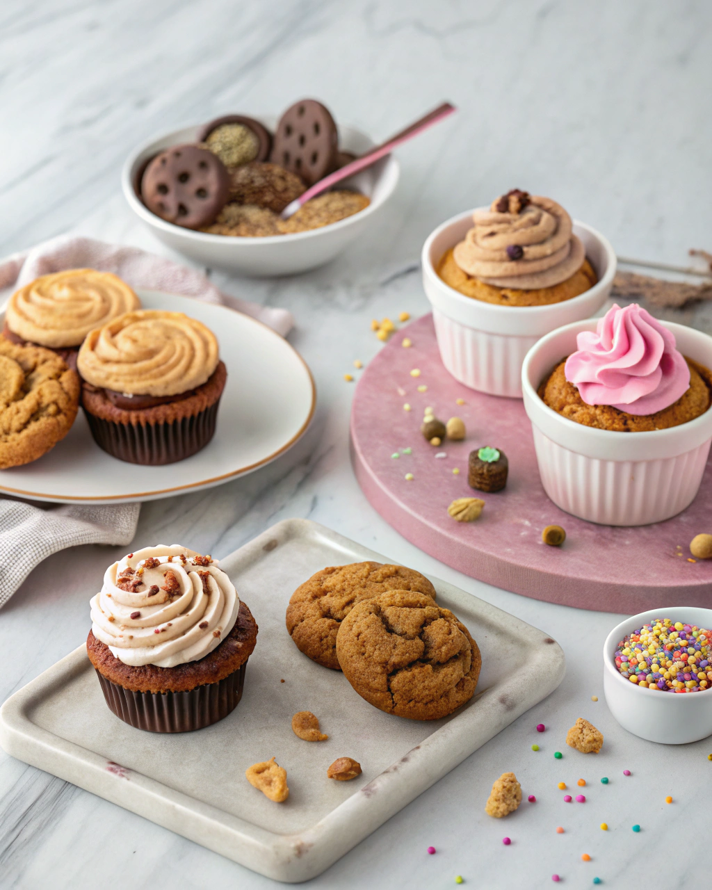 Assorted cupcakes and cookies are arranged on plates with sprinkles and chocolate biscuits.