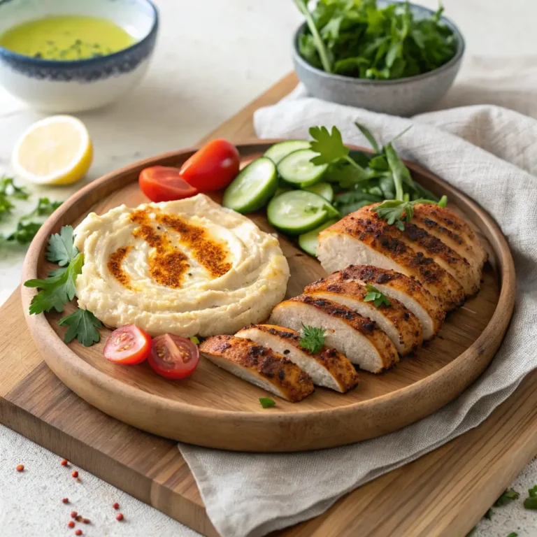 Grilled chicken breast slices with hummus, cucumbers, and tomatoes on a wooden plate.