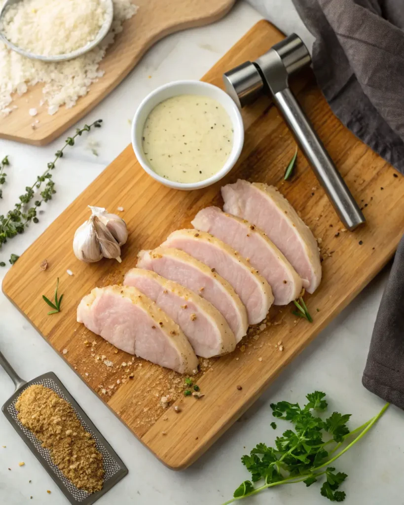 Raw sliced chicken breast on a wooden board with garlic, herbs, and creamy marinade.