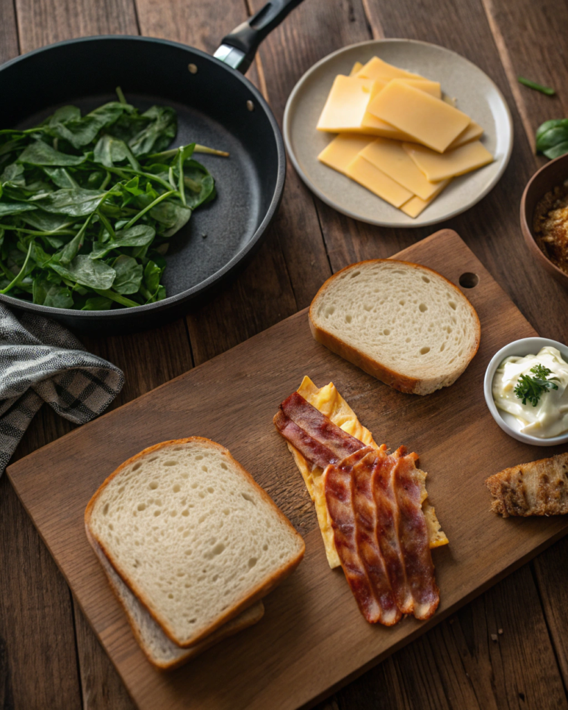 Sourdough Breakfast Sandwich Slices of bread, bacon, cheese, and spinach are laid out for sandwich preparation.