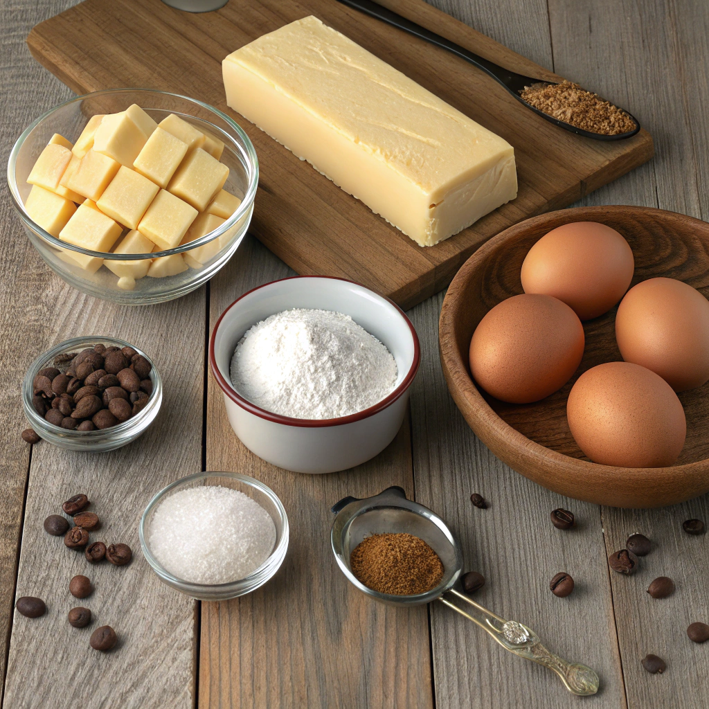 crumbl cookie recipe
Baking ingredients like eggs, butter, flour, and spices are neatly arranged on a wooden surface.