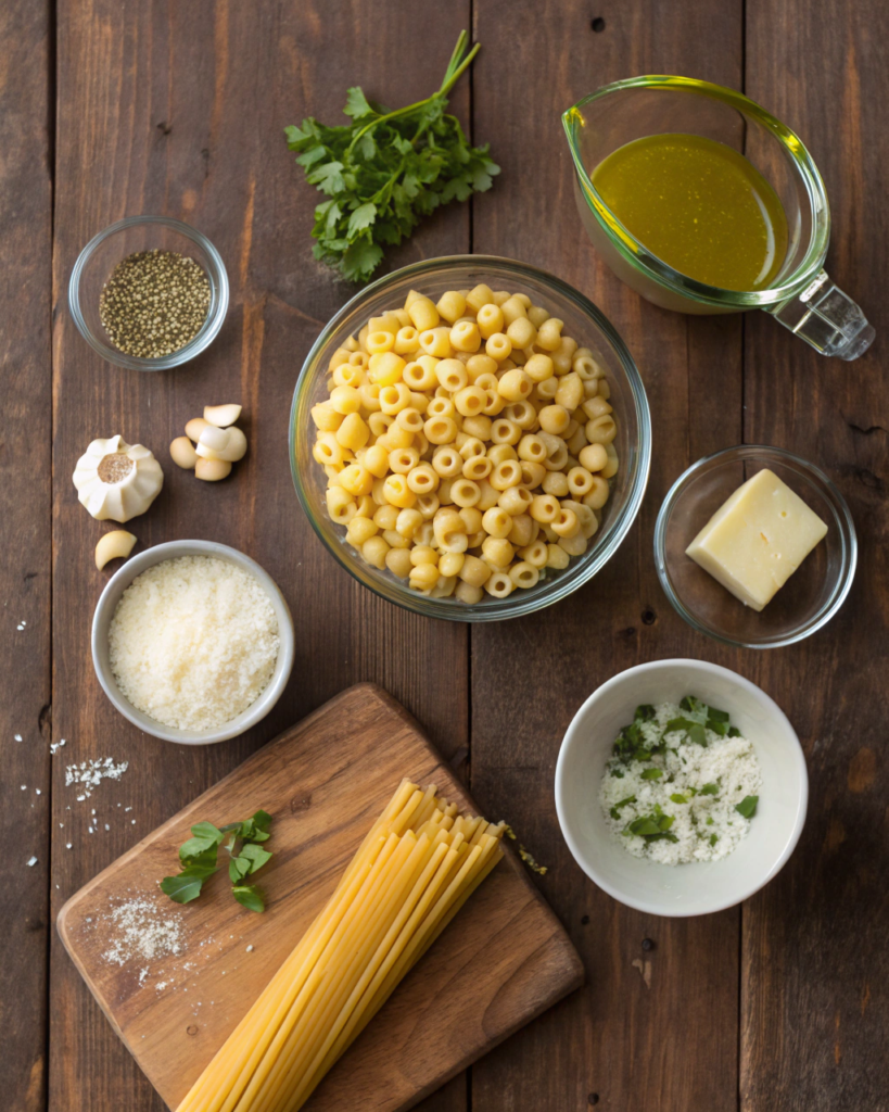 Flat lay of ditalini pasta and fresh ingredients like cheese, garlic, herbs, and broth.