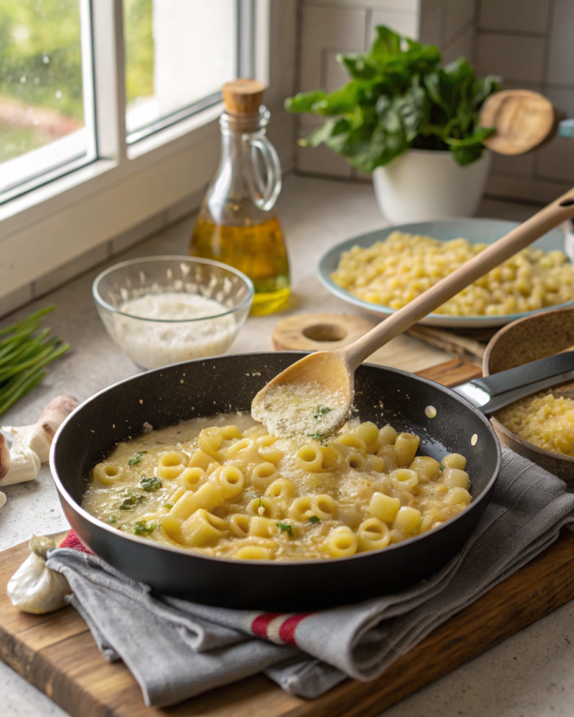 Creamy ditalini pasta simmering in a skillet with herbs and cheese on a kitchen counter.