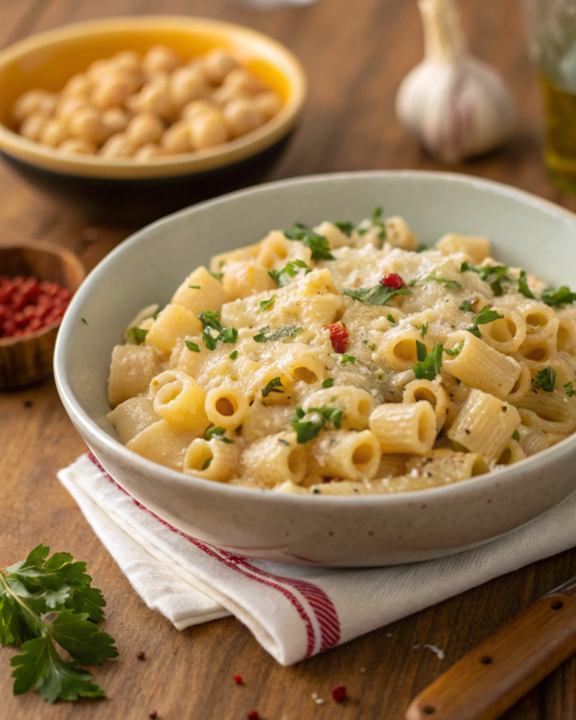 Creamy ditalini pasta topped with fresh parsley and red pepper flakes in a ceramic bowl.