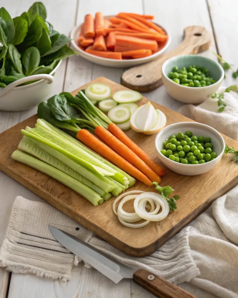 Fresh carrots, celery, peas, spinach, and onions arranged on a cutting board for soup prep.