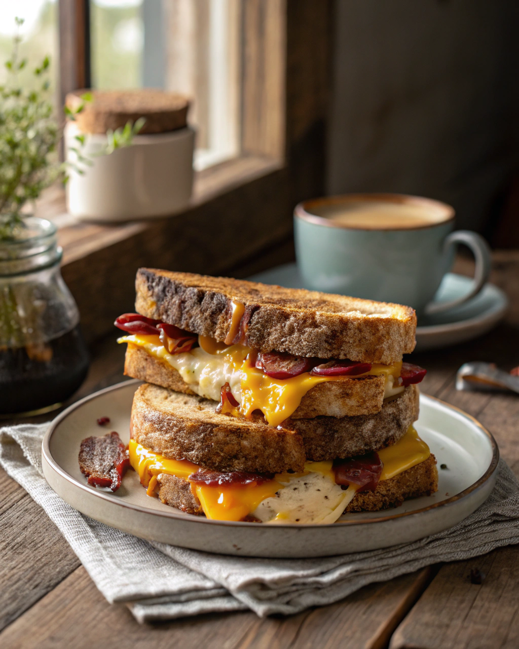 Stacked grilled cheese and bacon sandwiches served on a plate near a window.
