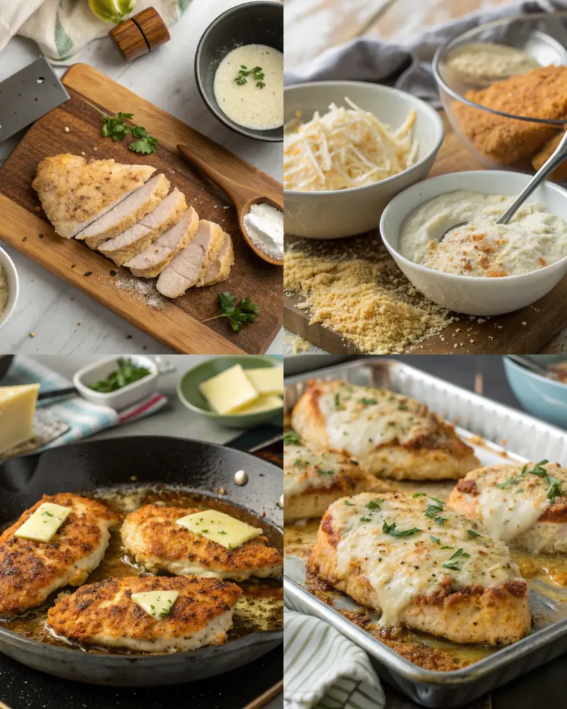 Collage of marinated chicken, cheese mixtures, skillet searing, and baked cheesy chicken.