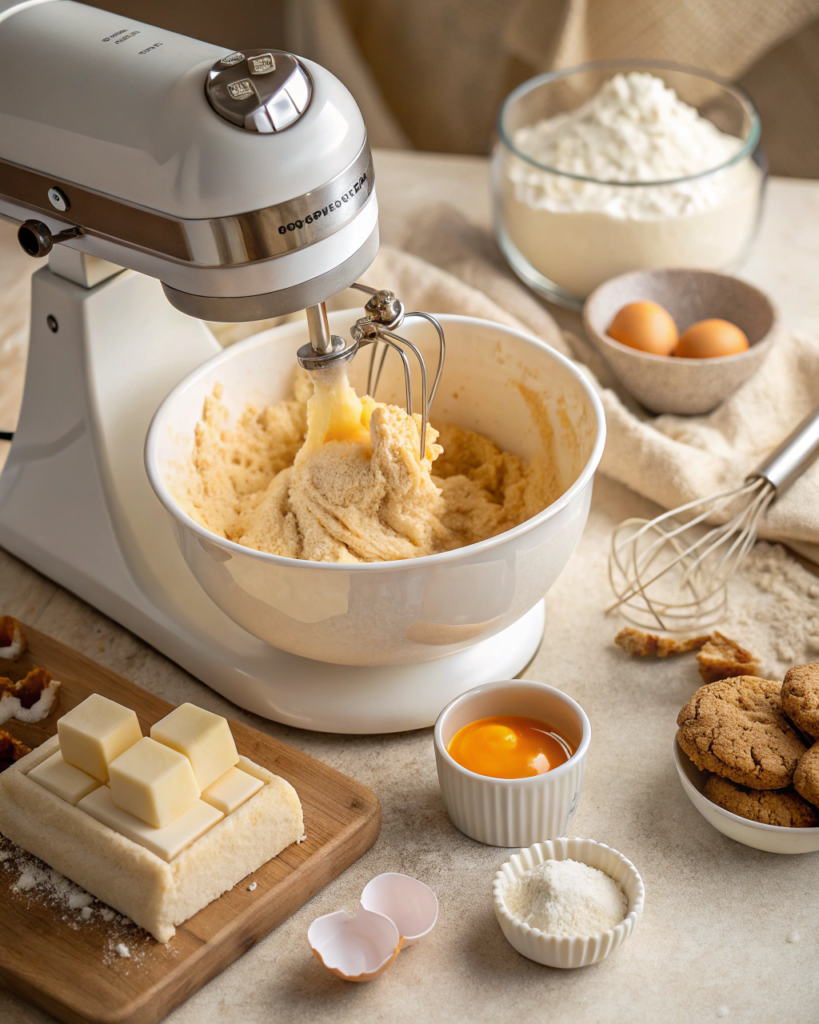 A stand mixer blends cookie dough surrounded by baking ingredients like butter, eggs, and flour.