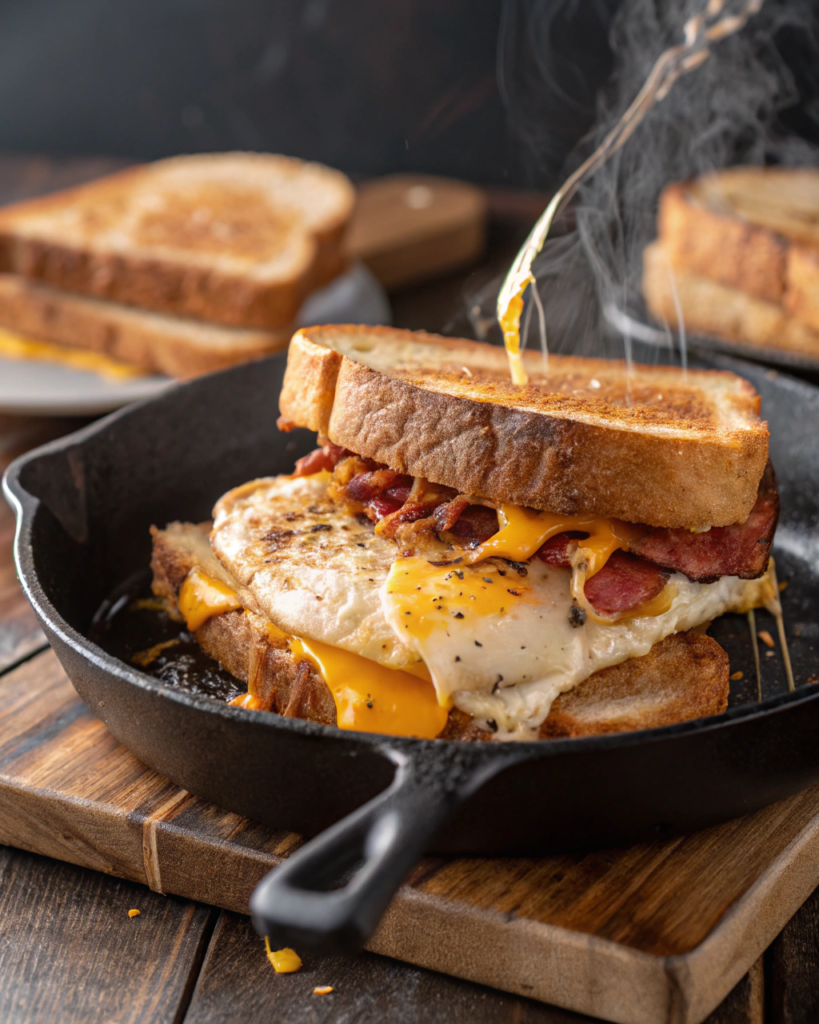 A hot grilled sandwich with melted cheese, bacon, and egg steams in a cast iron pan.
