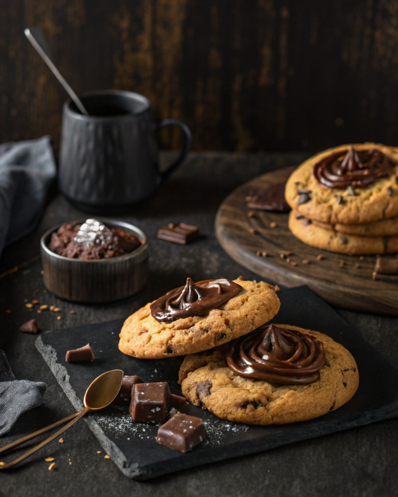 Chocolate chip cookies topped with rich chocolate frosting are displayed with dark chocolate chunks.