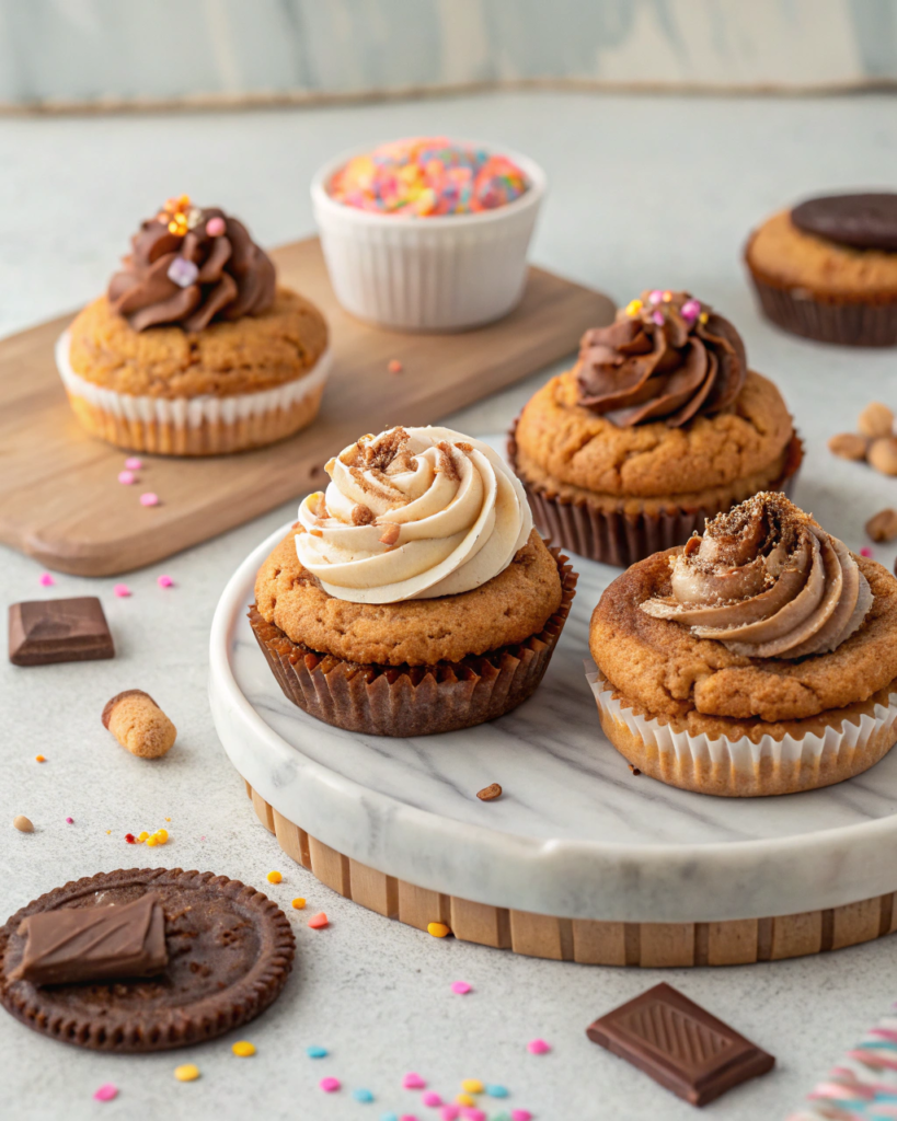 Decorated cupcakes with swirled frosting sit on a marble board with chocolate and sprinkles.