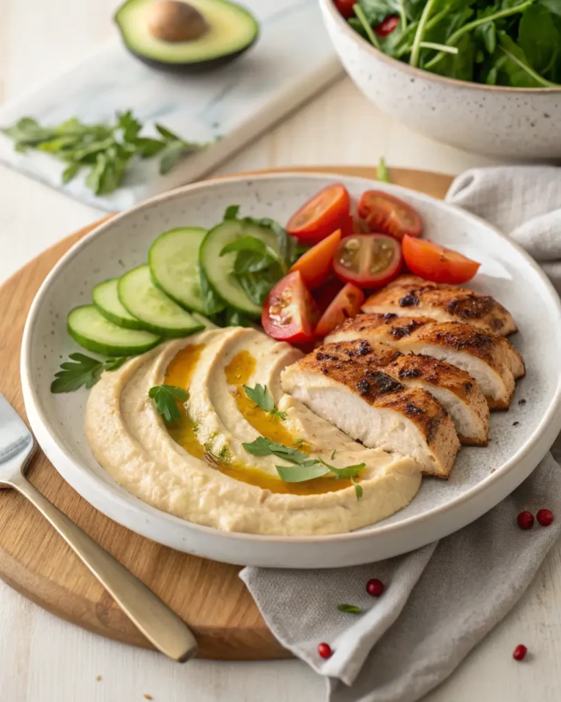 Sliced grilled chicken served with creamy hummus, cucumbers, tomatoes, and greens on a plate.