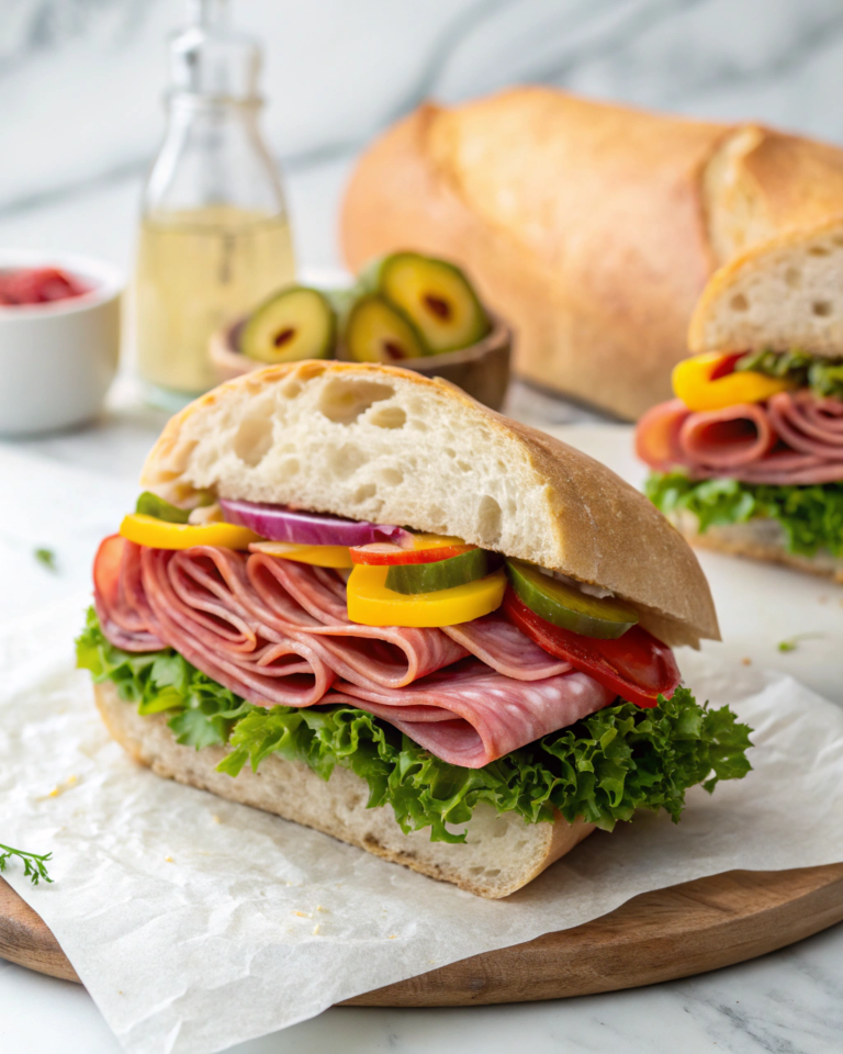 Fresh Italian sub sandwich with deli meats, lettuce, peppers, pickles, and onions on ciabatta bread.
