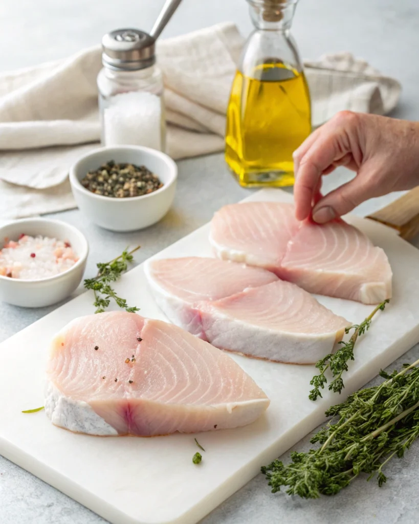 Hand seasoning raw swordfish steaks on a cutting board with herbs and oil nearby.