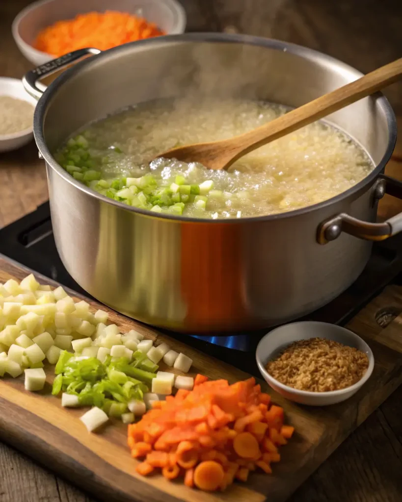 Chopped vegetables and seasonings being cooked in a steaming pot of soup.