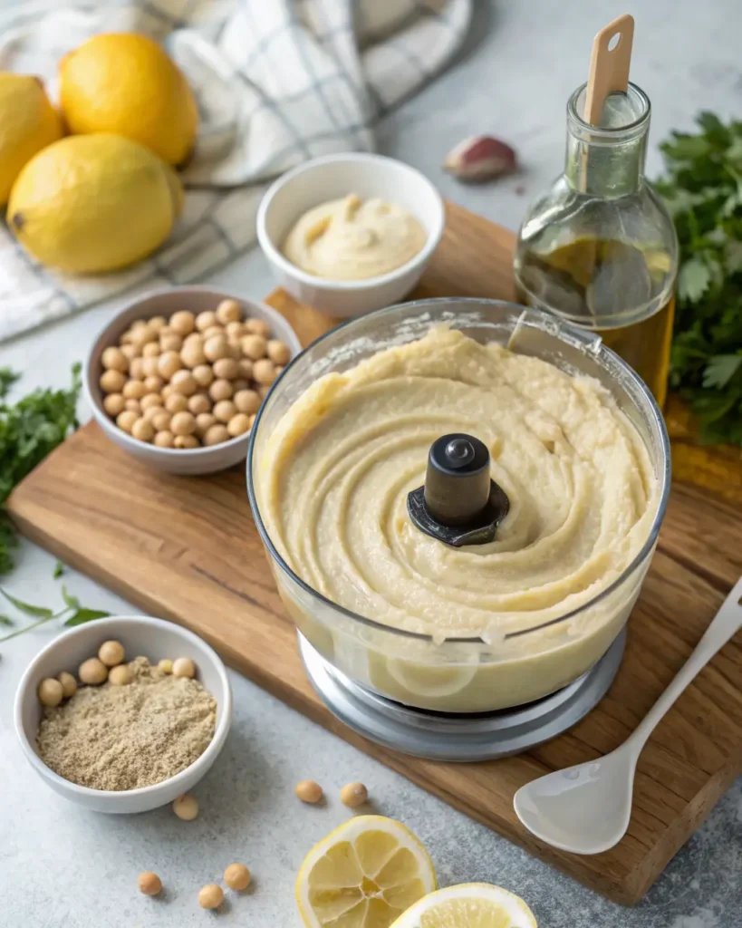Freshly blended hummus in a food processor surrounded by ingredients like chickpeas and lemon.