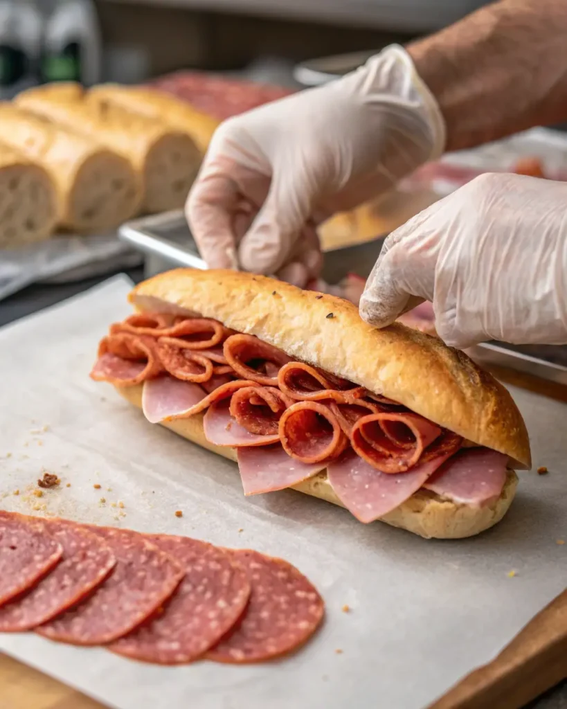 Hands assembling an Italian sub with layers of salami and ham on fresh bread.