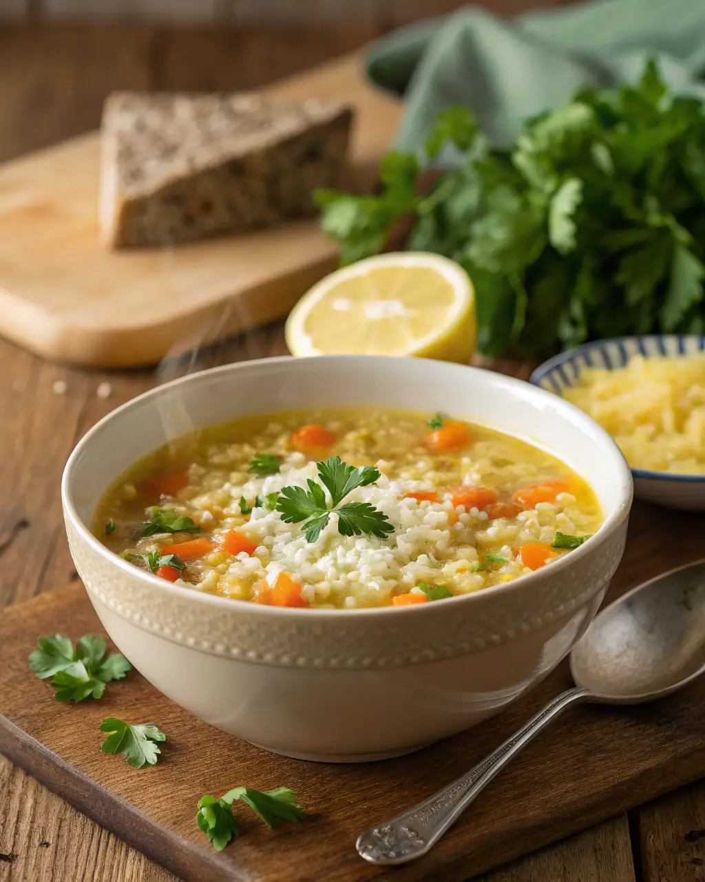 Bowl of Italian Penicillin soup with carrots and pasta, topped with parsley.