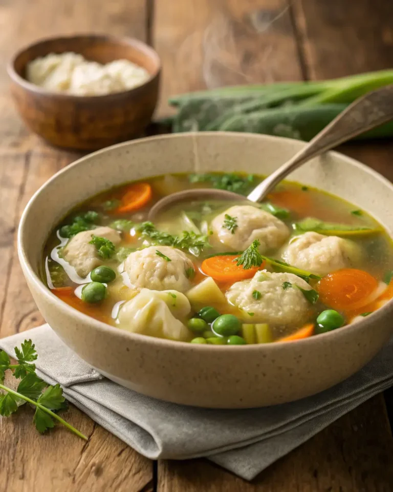 Steaming bowl of vegetable dumpling soup with peas, carrots, and fresh parsley.