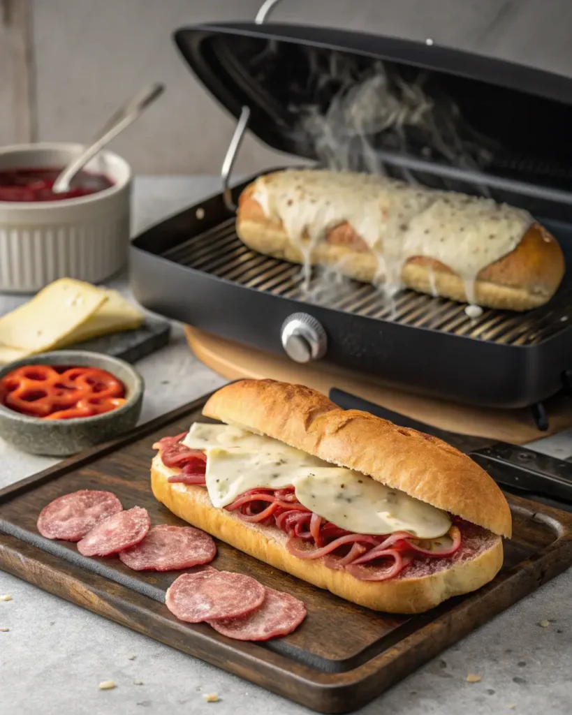 Italian sub with melted provolone and sliced meats next to a steaming sandwich on a grill.