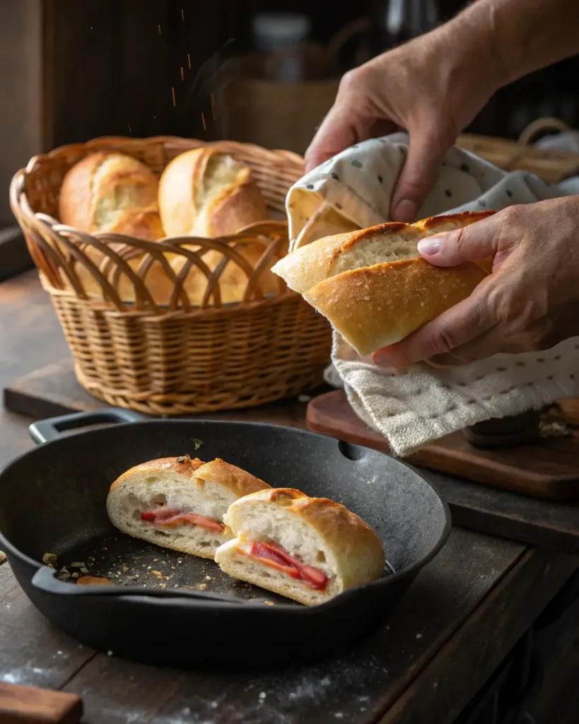Freshly baked sandwich roll being held above a cast iron pan with sliced sub inside.