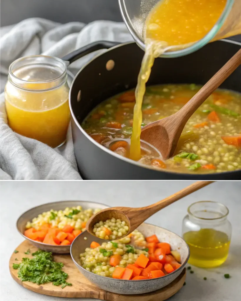 Broth being poured into a pot of Italian Penicillin soup with carrots and pasta.