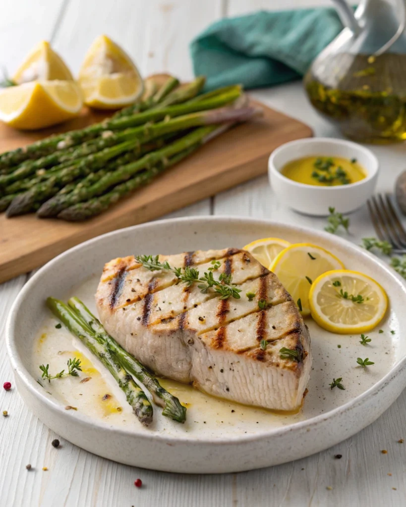 Grilled swordfish steak served with asparagus, lemon slices, and herb garnish on a plate.