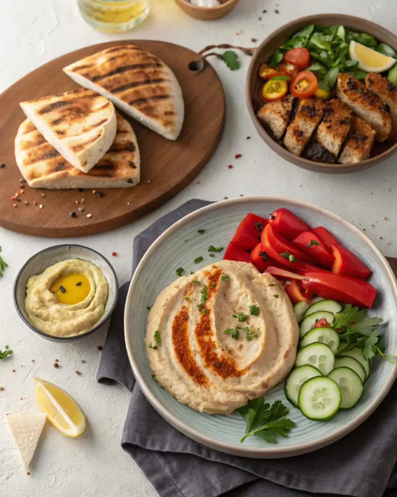 Chicken and Hummus Plated hummus with sliced cucumbers, red bell peppers, grilled pita, and chicken salad bowl.