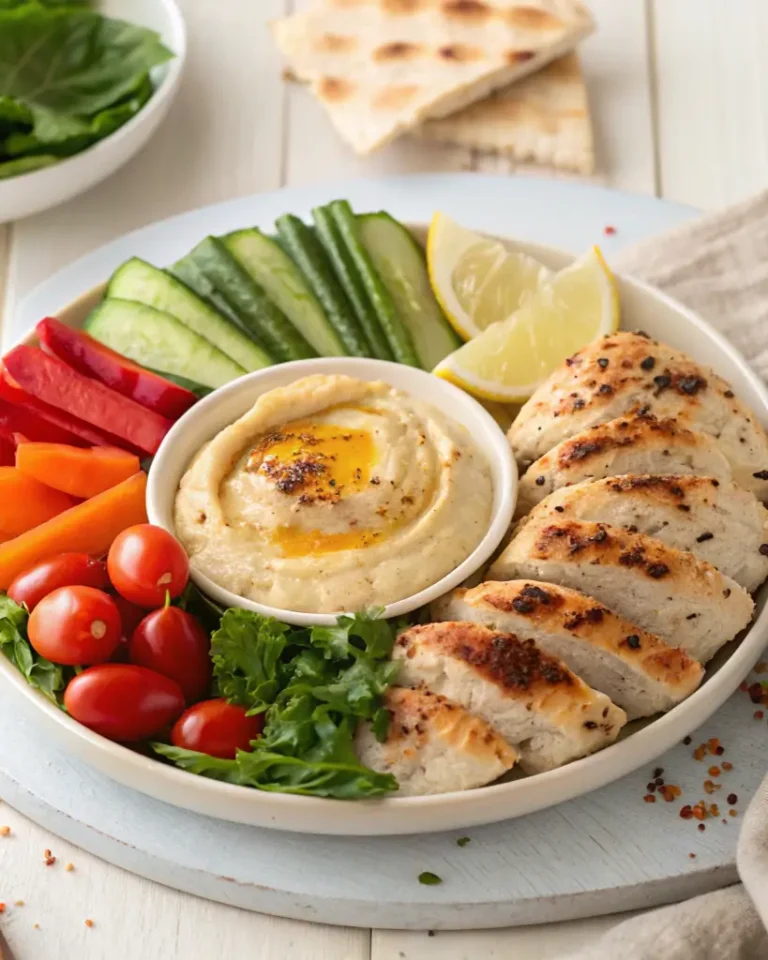 Grilled chicken slices with hummus, fresh vegetables, and lemon wedges on a white plate.