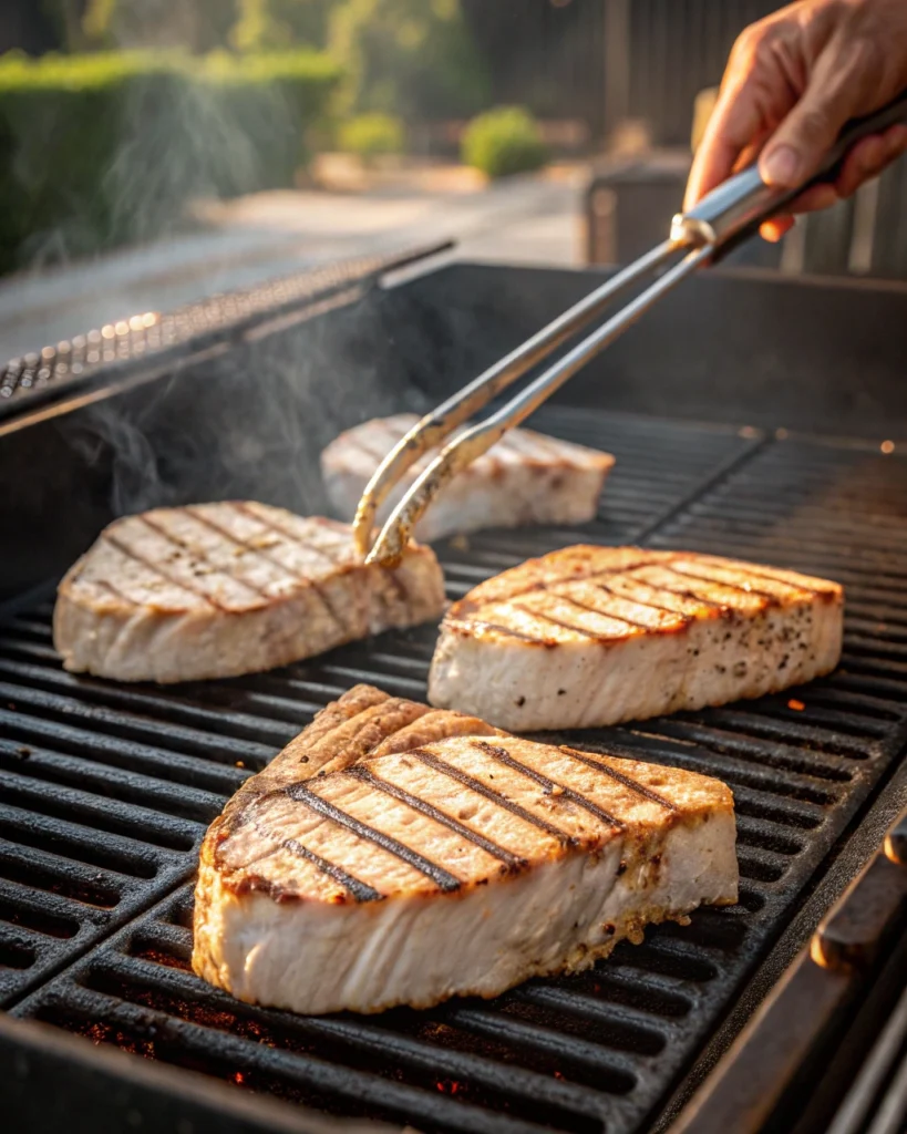 Grilled swordfish steaks with char marks being flipped with tongs over open flames.