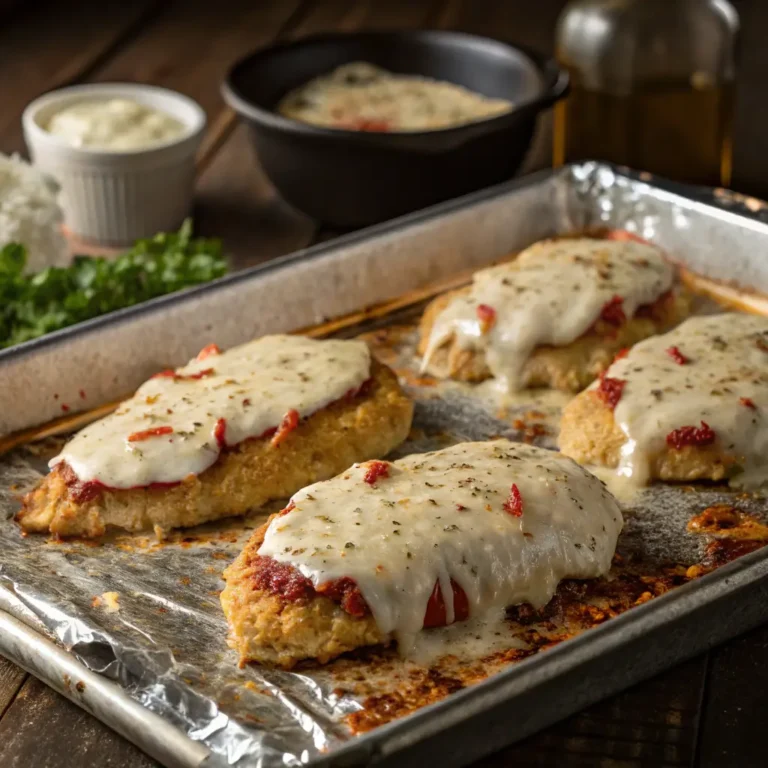 Golden baked chicken breasts topped with melted cheese and herbs in a metal tray.