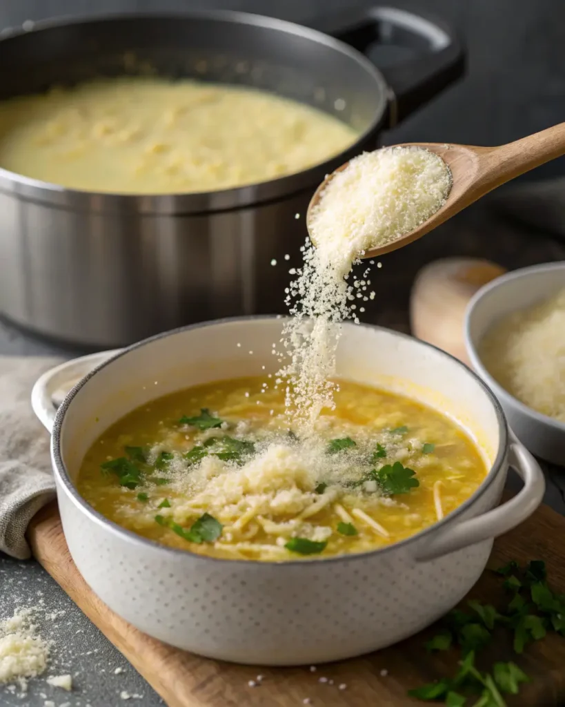 Hand holding spoon over a steaming bowl of lemony rice soup with herbs.