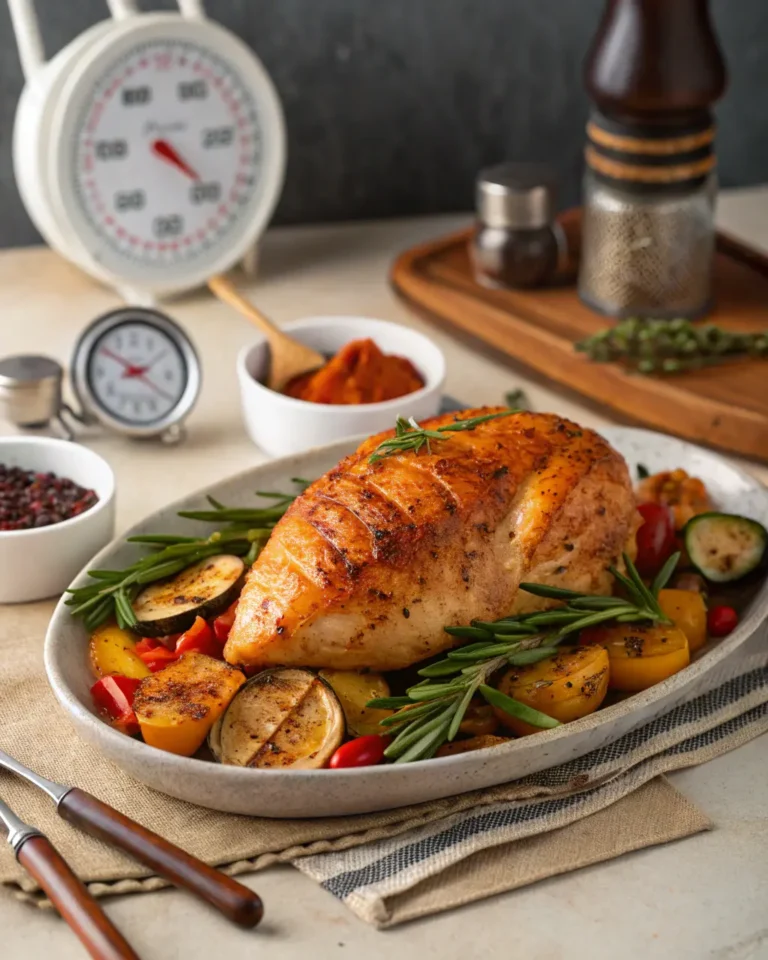 Roasted chicken breast served on a plate with grilled vegetables and rosemary sprigs.