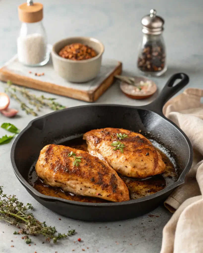 Two golden brown chicken breasts cooking in a cast iron skillet with herbs.