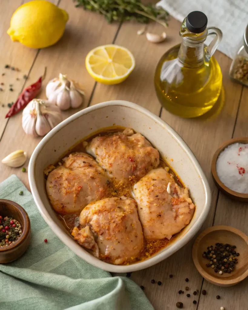 Raw marinated chicken thighs soaking in a spiced oil and lemon mixtur