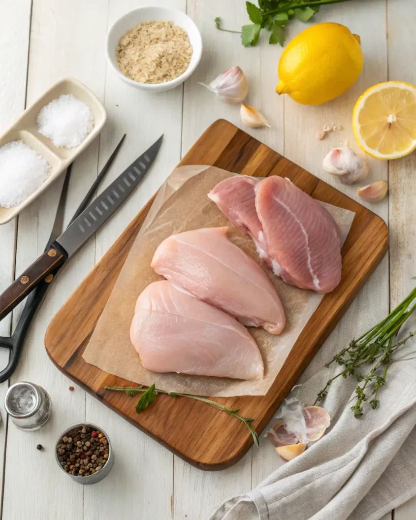 Raw chicken breasts on a wooden board surrounded by herbs, garlic, lemon, and seasonings.