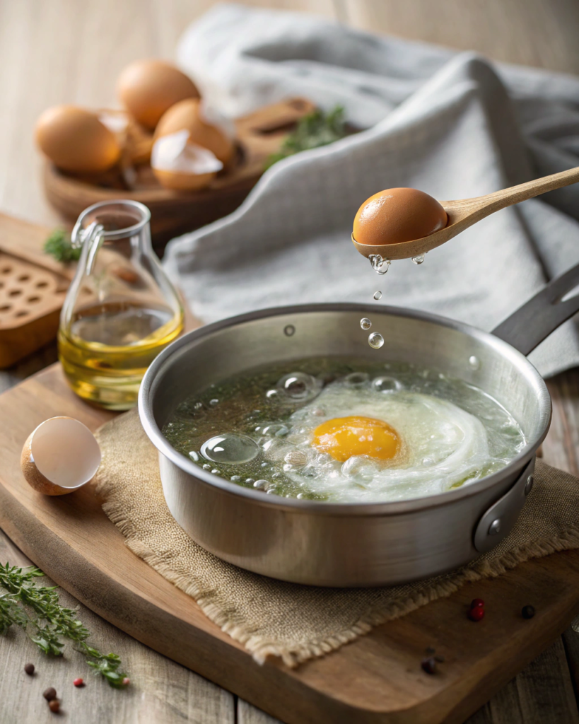 An egg poaching in simmering water with another egg about to be added.