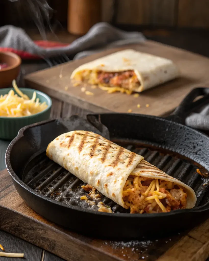 Grilled cheese burrito cooking in a cast iron pan with melted filling peeking out.
