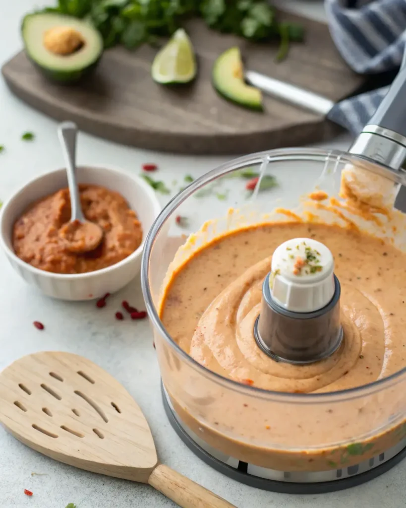 Blended chipotle breakfast sauce in a food processor with creamy, smooth texture.