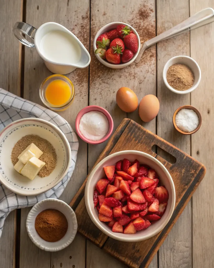 Fresh ingredients for strawberry cinnamon rolls arranged on a rustic wooden surface.
