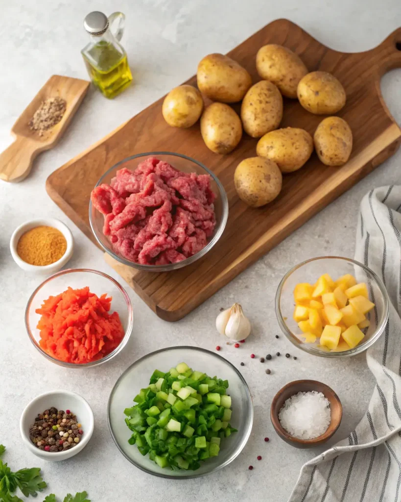 Raw ingredients for a ground beef and potato recipe arranged on a kitchen counter.