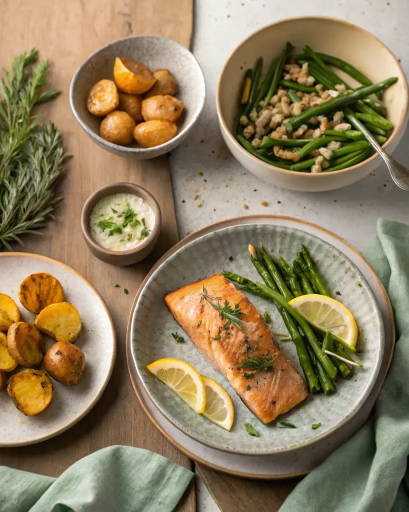 Baked steelhead trout served with asparagus, roasted potatoes, and lemon slices on a dinner plate.