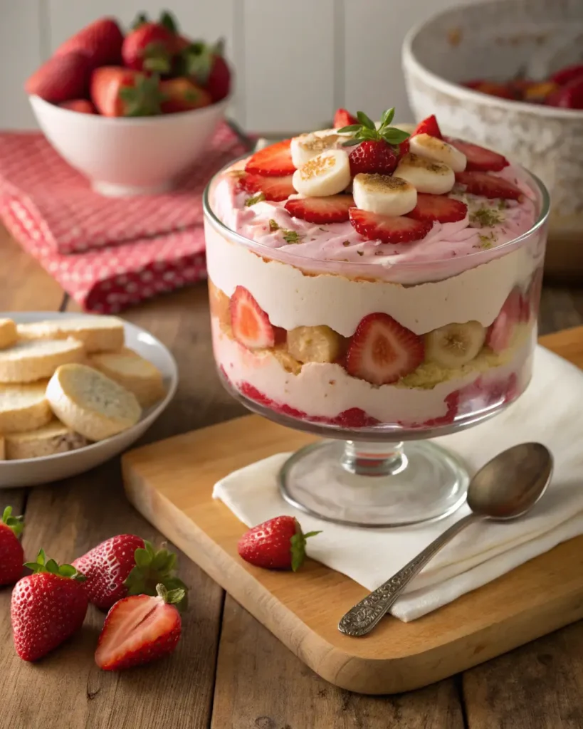 Layered strawberry banana pudding topped with sliced fruit in a glass dish on a wooden board.
