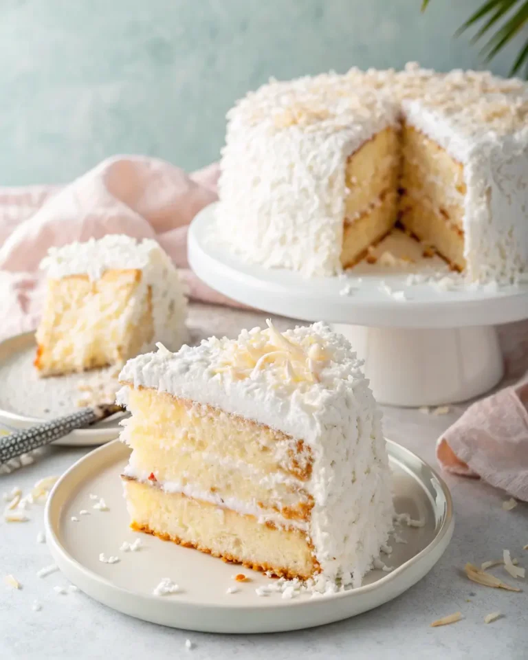 Three-layer coconut cloud cake slice with whipped cream frosting and shredded coconut topping.