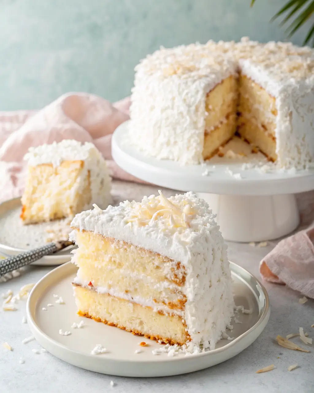 Three-layer coconut cloud cake slice with whipped cream frosting and shredded coconut topping.