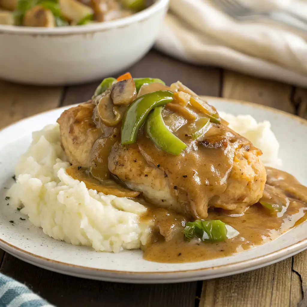 Chicken breast smothered in rich gravy with peppers over creamy mashed potatoes.