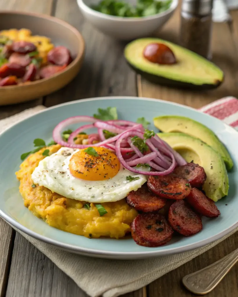Plate of mangu with fried egg, salami, avocado slices, and pickled onions.