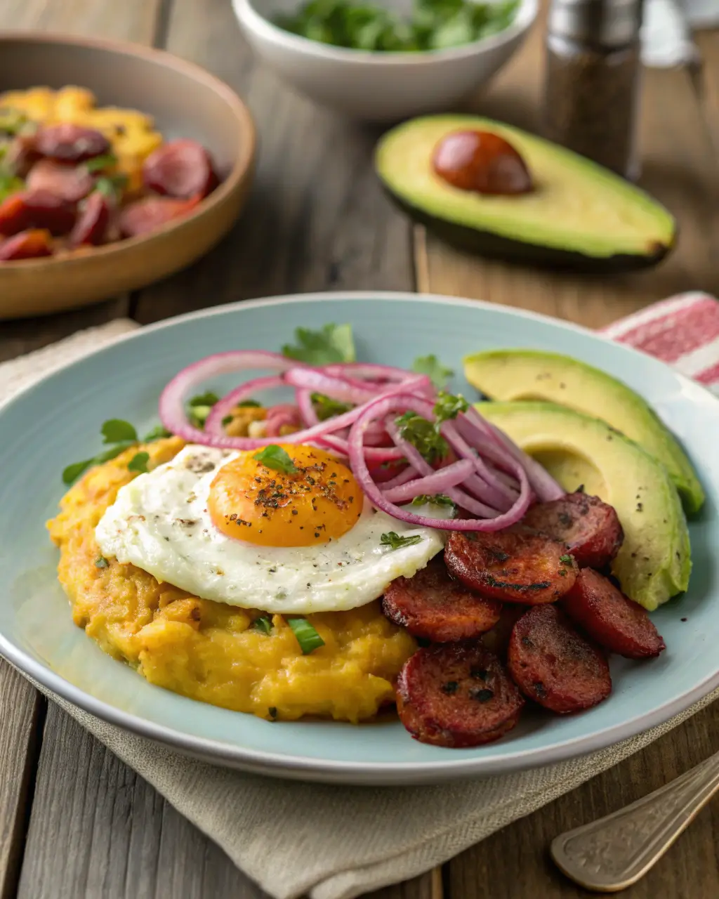 Plate of mangu with fried egg, salami, avocado slices, and pickled onions.