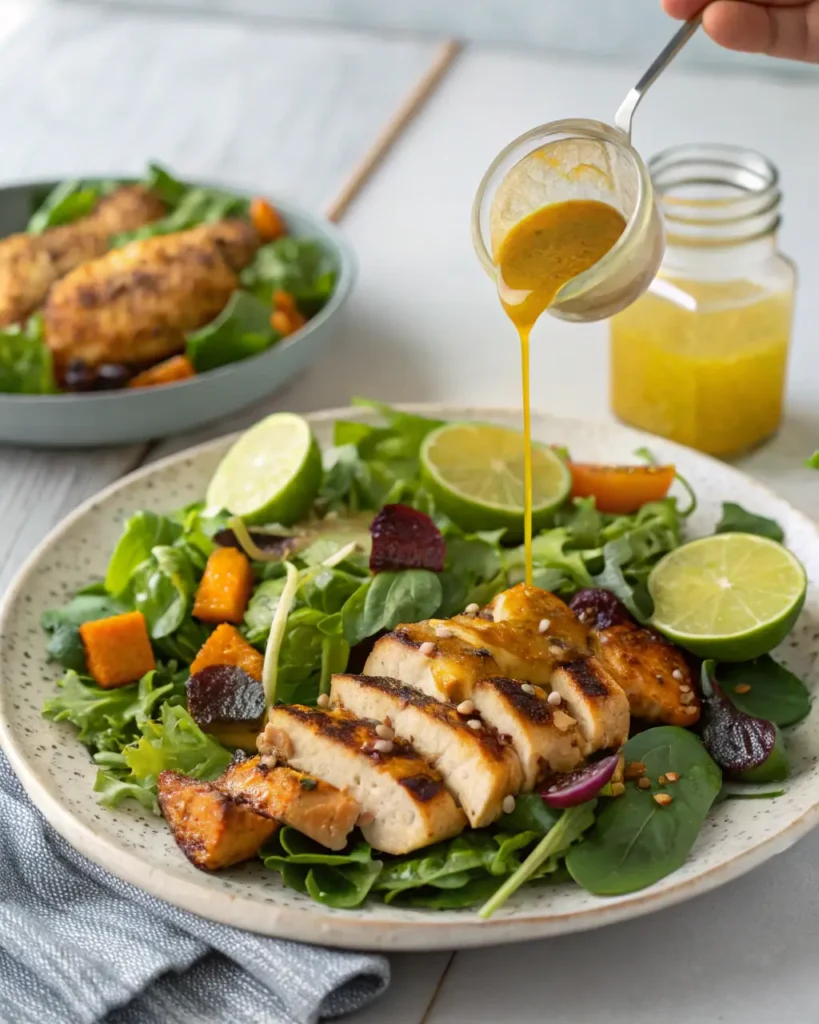Honey lime dressing being poured over grilled chicken salad with leafy greens, roasted vegetables, and lime slices.